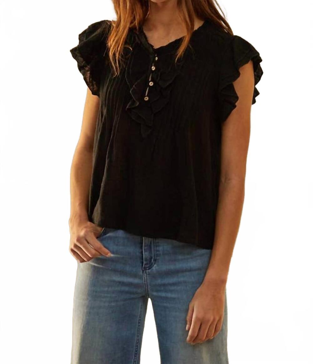 NEW BY TOGETHER woven cotton linen button v-neck short sleeve top in black